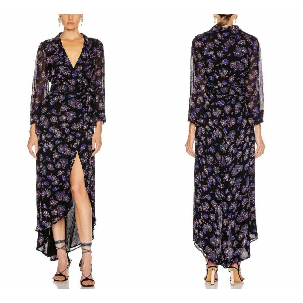 NWT GANNI Floral Georgette Maxi Wrap Dress Black Purple EU 36 US 4 $270